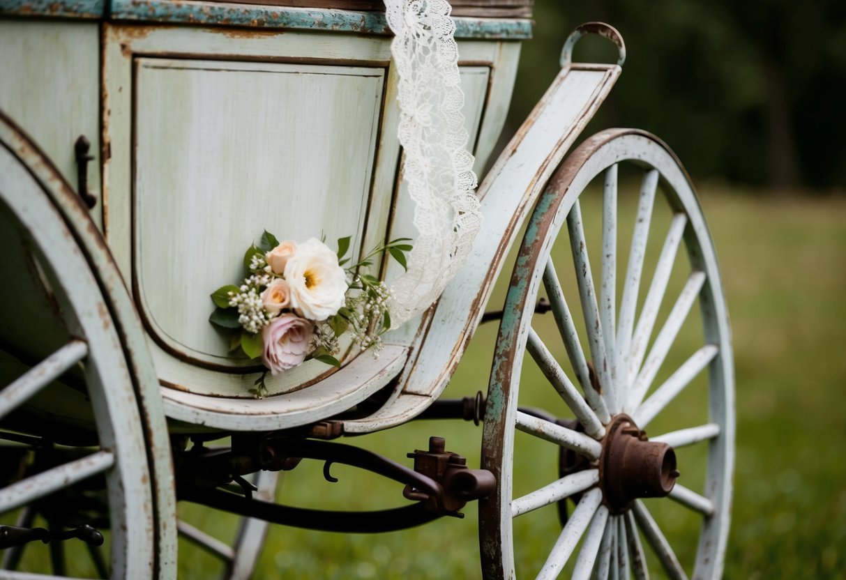 A vintage, weathered wooden carriage with faded paint and rusted metal details, adorned with delicate lace and flowers