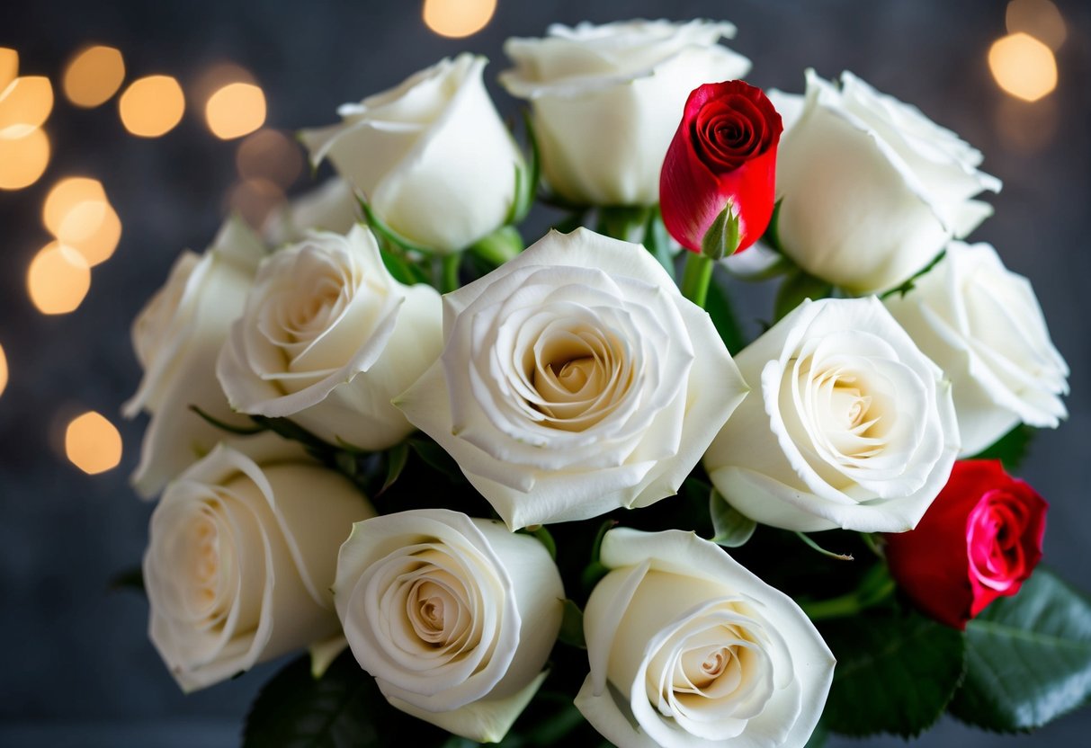 A bouquet of white roses with a red lipstick stain on one petal