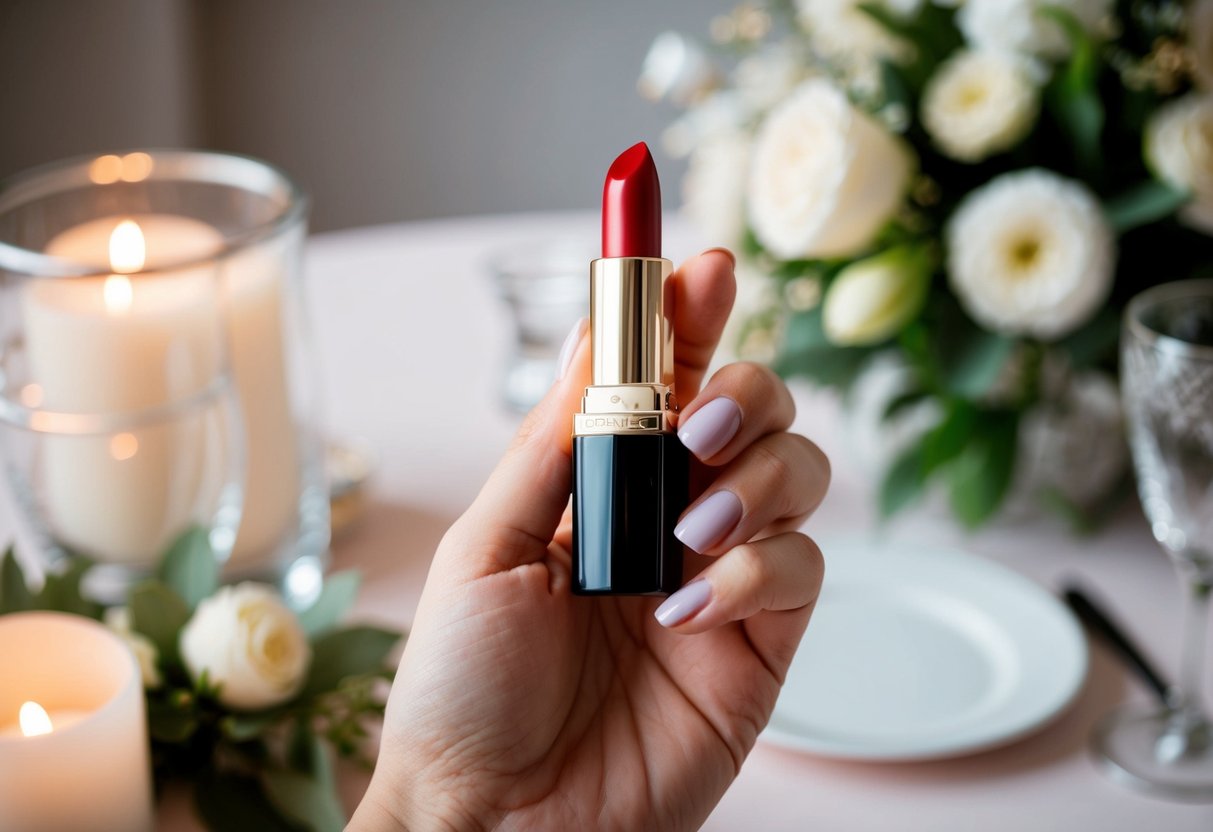 A woman’s hand holding a tube of red lipstick, surrounded by elegant wedding decor