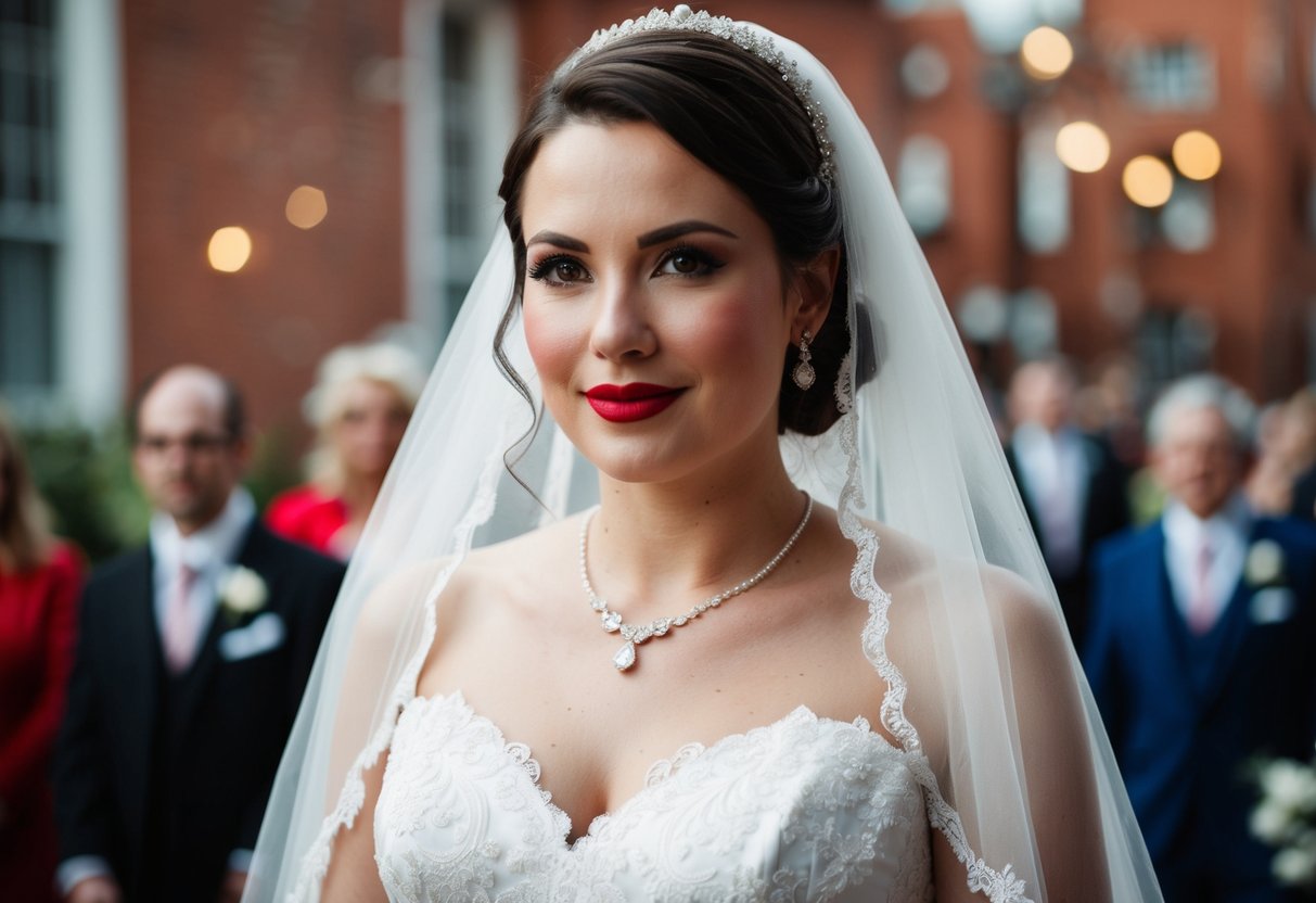 A bride wearing a white wedding gown with a red lipstick