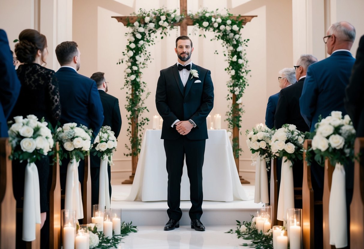 A groom in a black suit stands at the altar, surrounded by white flowers and candles, as he waits for his bride to walk down the aisle