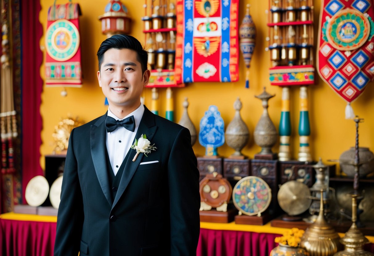 A groom in a black suit stands before a colorful backdrop of traditional cultural symbols and historical artifacts