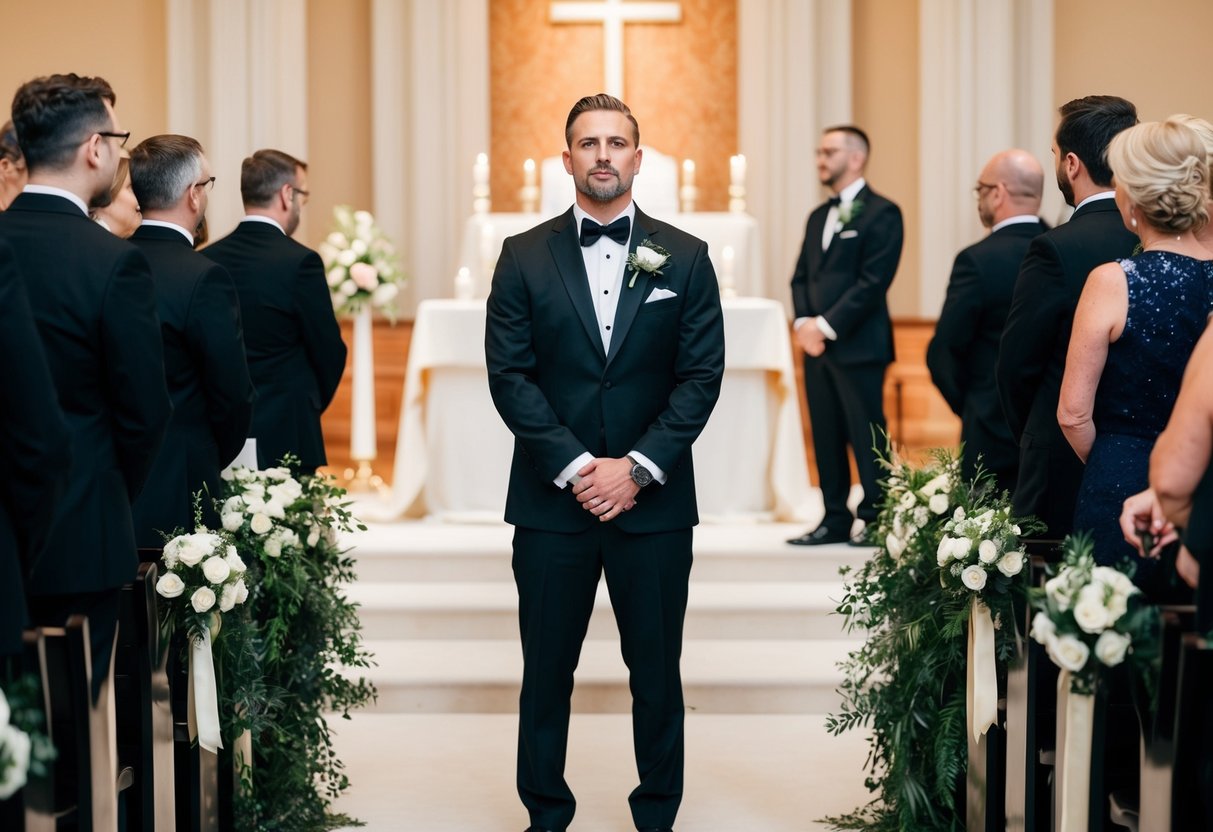 A groom stands in a black suit at the altar of a wedding ceremony. The color choice reflects formality, power, and sophistication, while also symbolizing strength and stability
