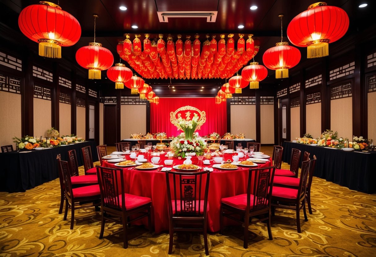 A traditional Chinese wedding banquet with red and gold decor, a large round table, and a feast of symbolic dishes