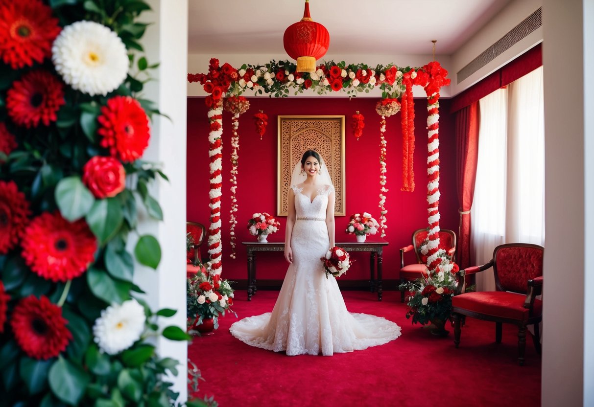 A bride in a red gown stands in a traditional wedding setting, surrounded by vibrant red decorations and flowers