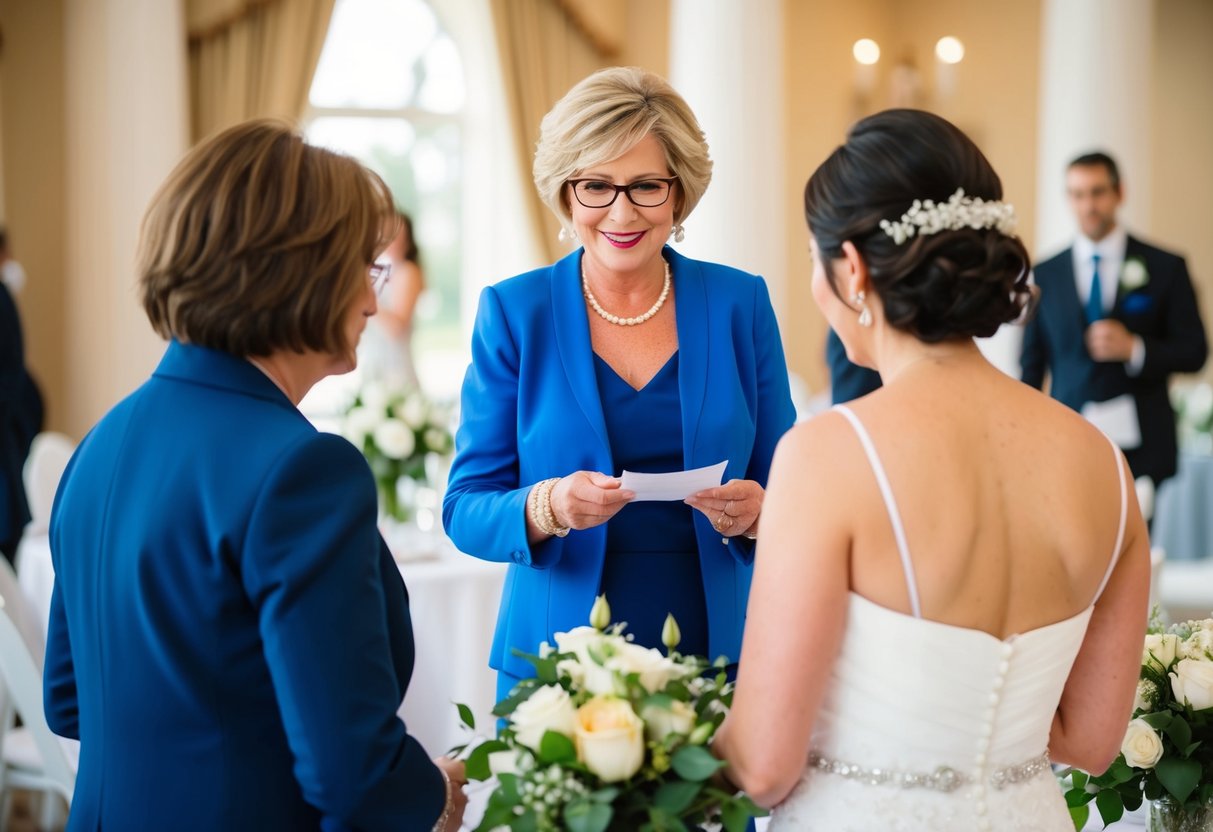 The mother of the bride pays for the floral arrangements, venue rental, and catering for the wedding reception