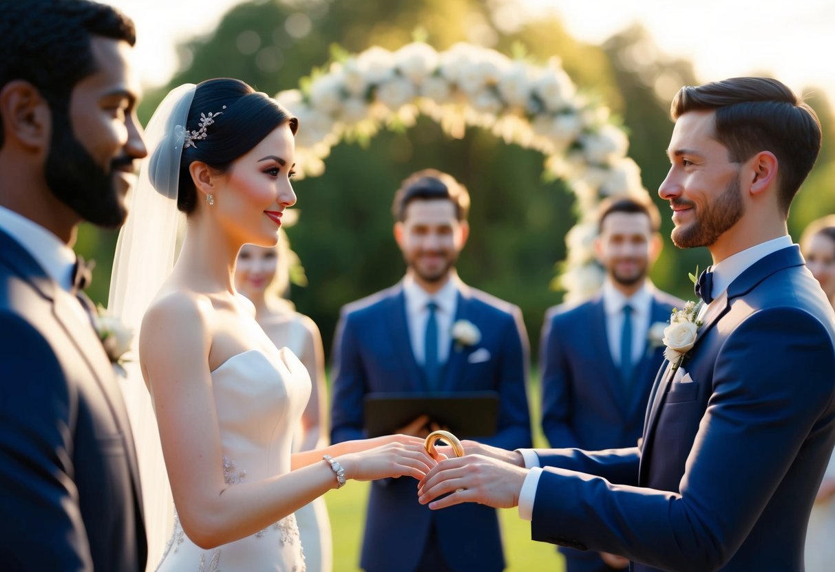 A virtual wedding ceremony with avatars exchanging virtual rings in a beautiful digital setting