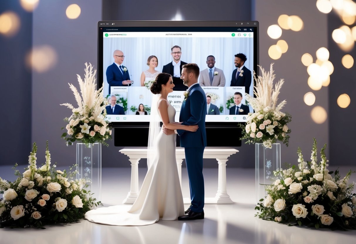 A couple stands in front of a virtual altar, surrounded by digital flowers and decorations. A computer screen displays a virtual officiant and guests attending the wedding remotely