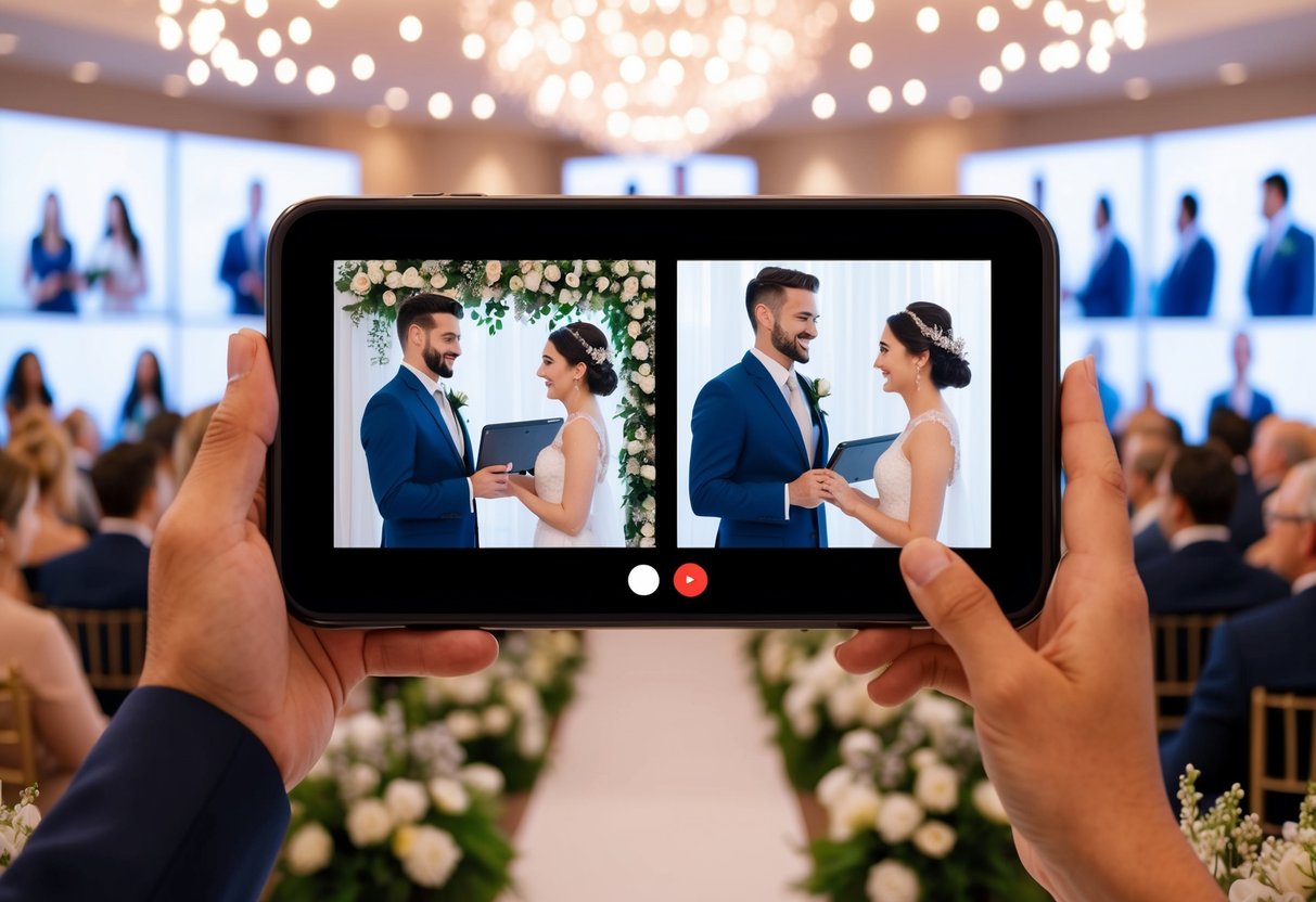 A virtual wedding ceremony with a couple exchanging vows via video call, surrounded by virtual decorations and guests on screens