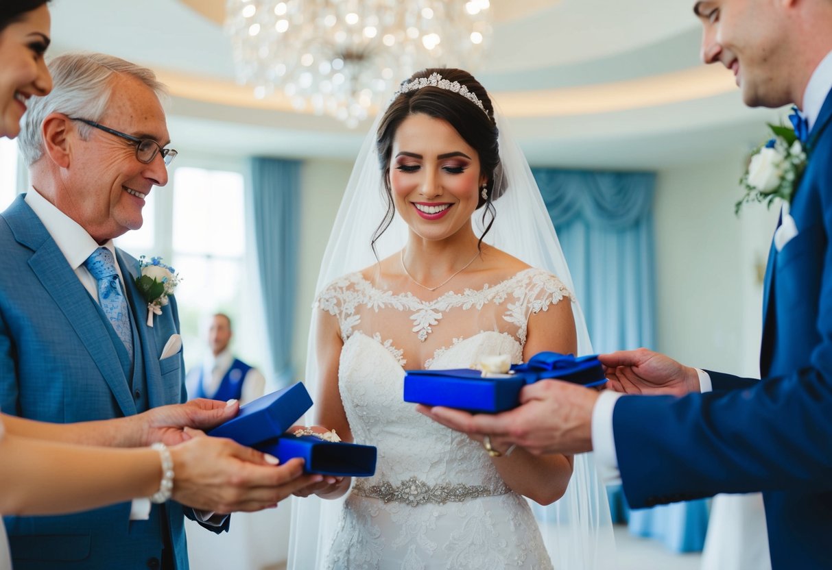 A bride receives old, new, borrowed, and blue items, symbolizing continuity, optimism, borrowed happiness, and purity, respectively