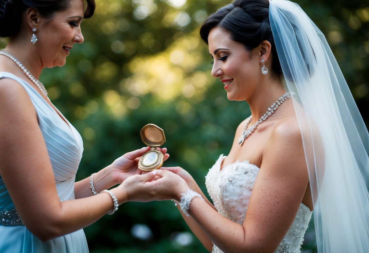 A bride receives an antique locket, a sparkling necklace, a borrowed veil, and a blue garter from her loved ones