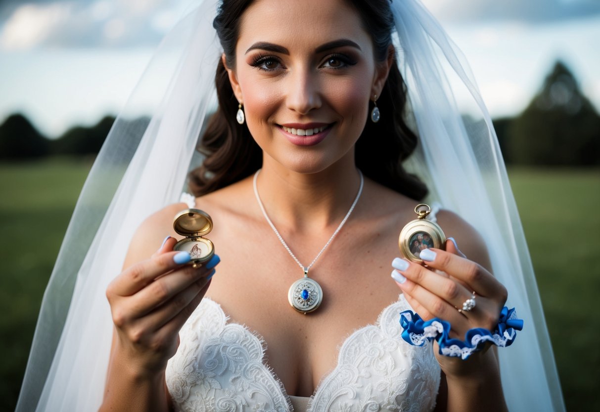A bride holding an old locket, a new necklace, a borrowed veil, and a blue garter, symbolizing tradition and good luck