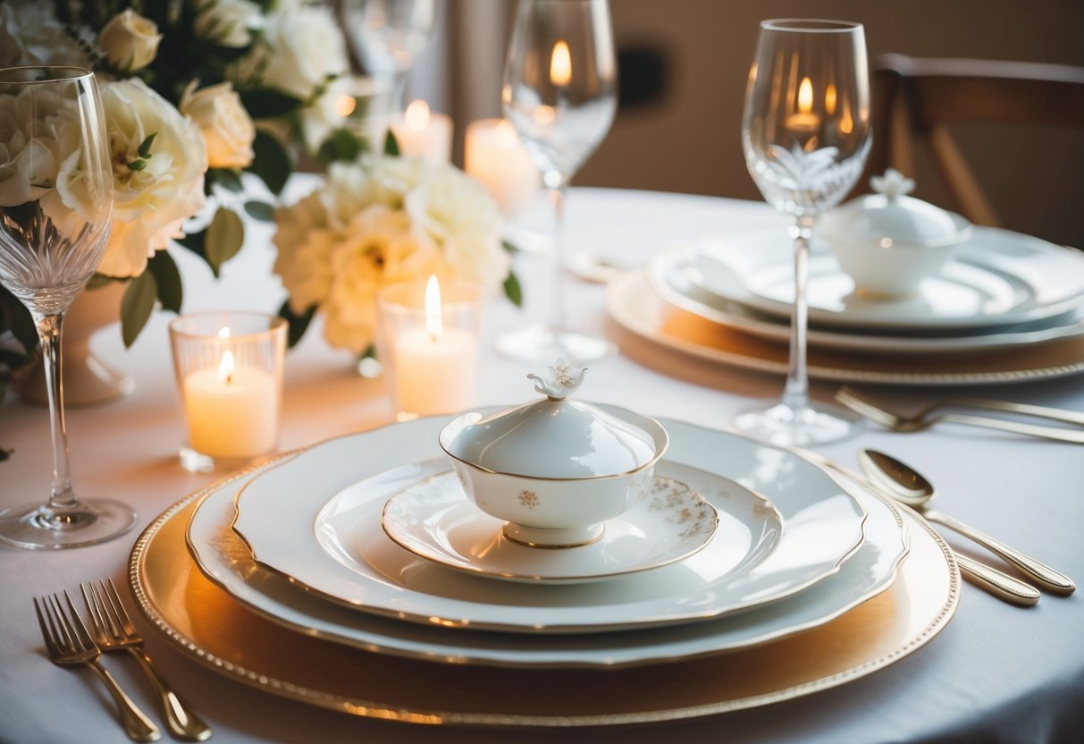 A table set with elegant, delicate wedding china, glinting in soft candlelight