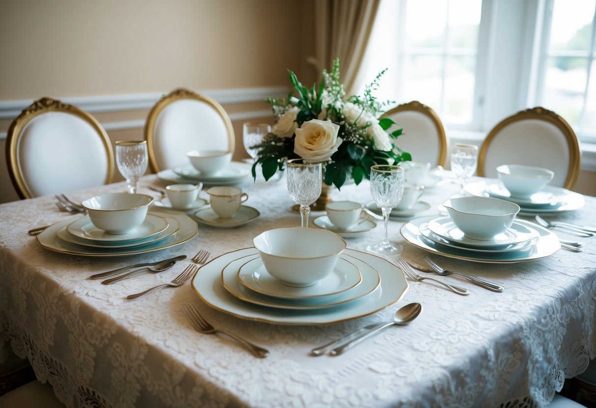 A table set with elegant wedding china, including dinner plates, salad plates, and teacups, arranged neatly on a lace tablecloth