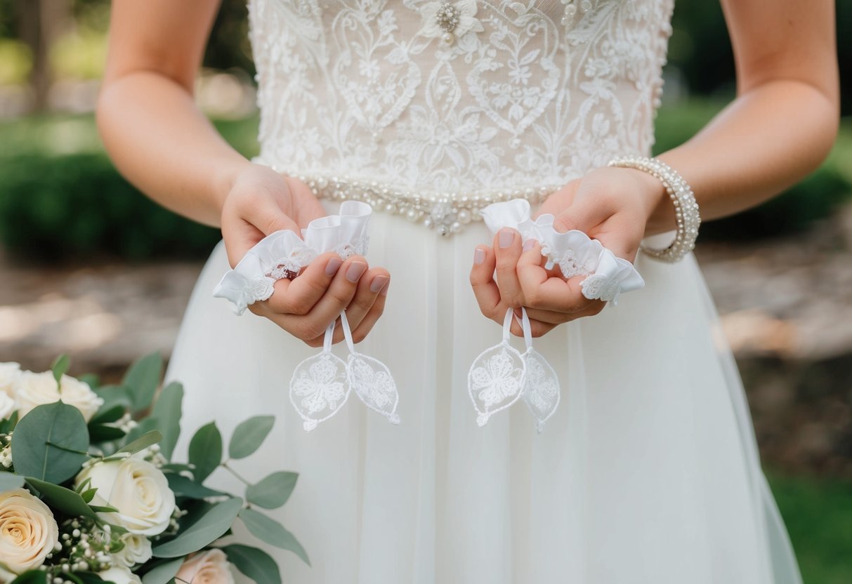 A bride holds two garters, one in each hand, with a bouquet nearby