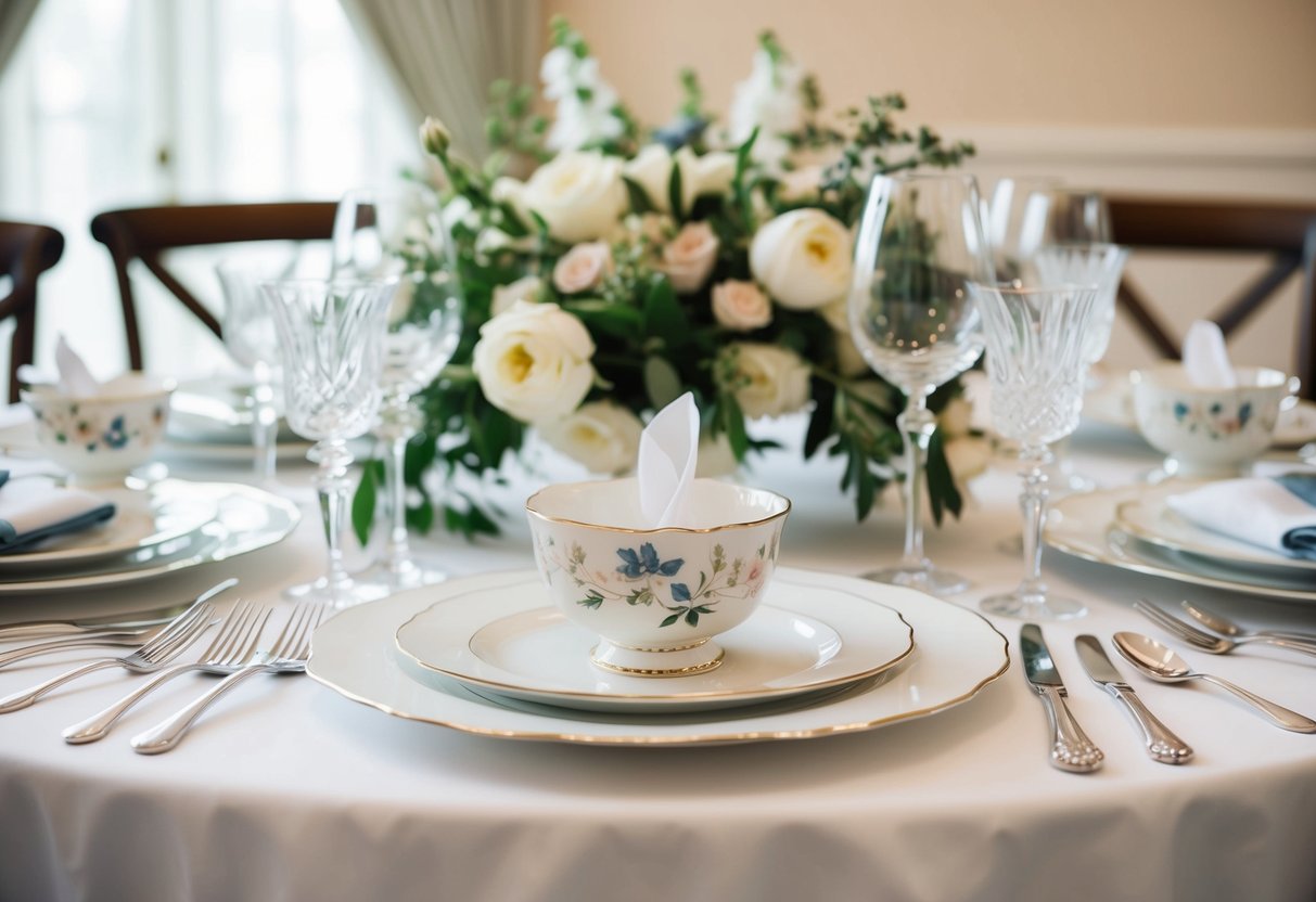 A table set with elegant wedding china, adorned with delicate floral patterns, arranged with polished silverware and crystal glassware