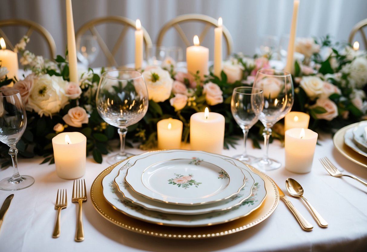 A beautifully set table with elegant wedding china, surrounded by floral centerpieces and softly glowing candles