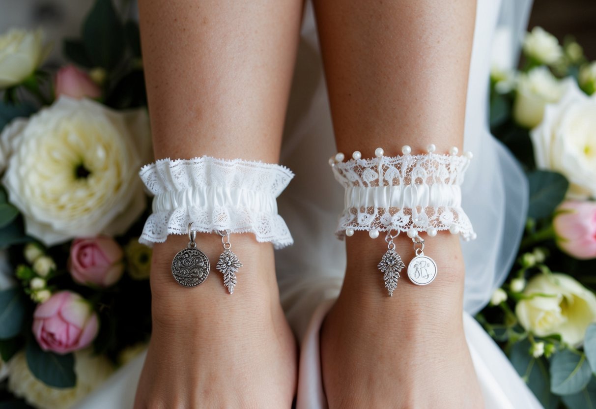 A bride wearing two garters, one traditional and one modern, with symbolic details such as lace and charms, surrounded by wedding flowers and decor