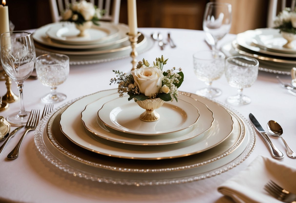 A beautifully set table with elegant wedding china, surrounded by additional tableware elements