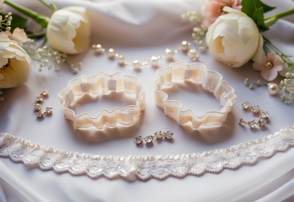 A bride's two garters laid out on a soft, lace-trimmed fabric, surrounded by delicate floral accents and shimmering beads