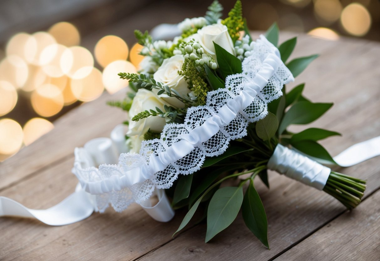 A lace garter draped over a bouquet, with a second garter wrapped around the stem