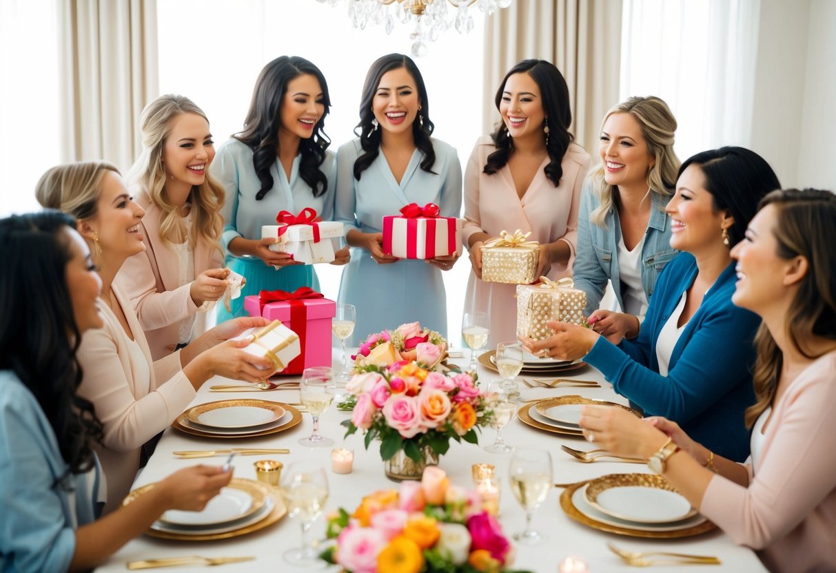 A group of cheerful women gather around a beautifully decorated table, exchanging gifts and laughter at a bridal shower