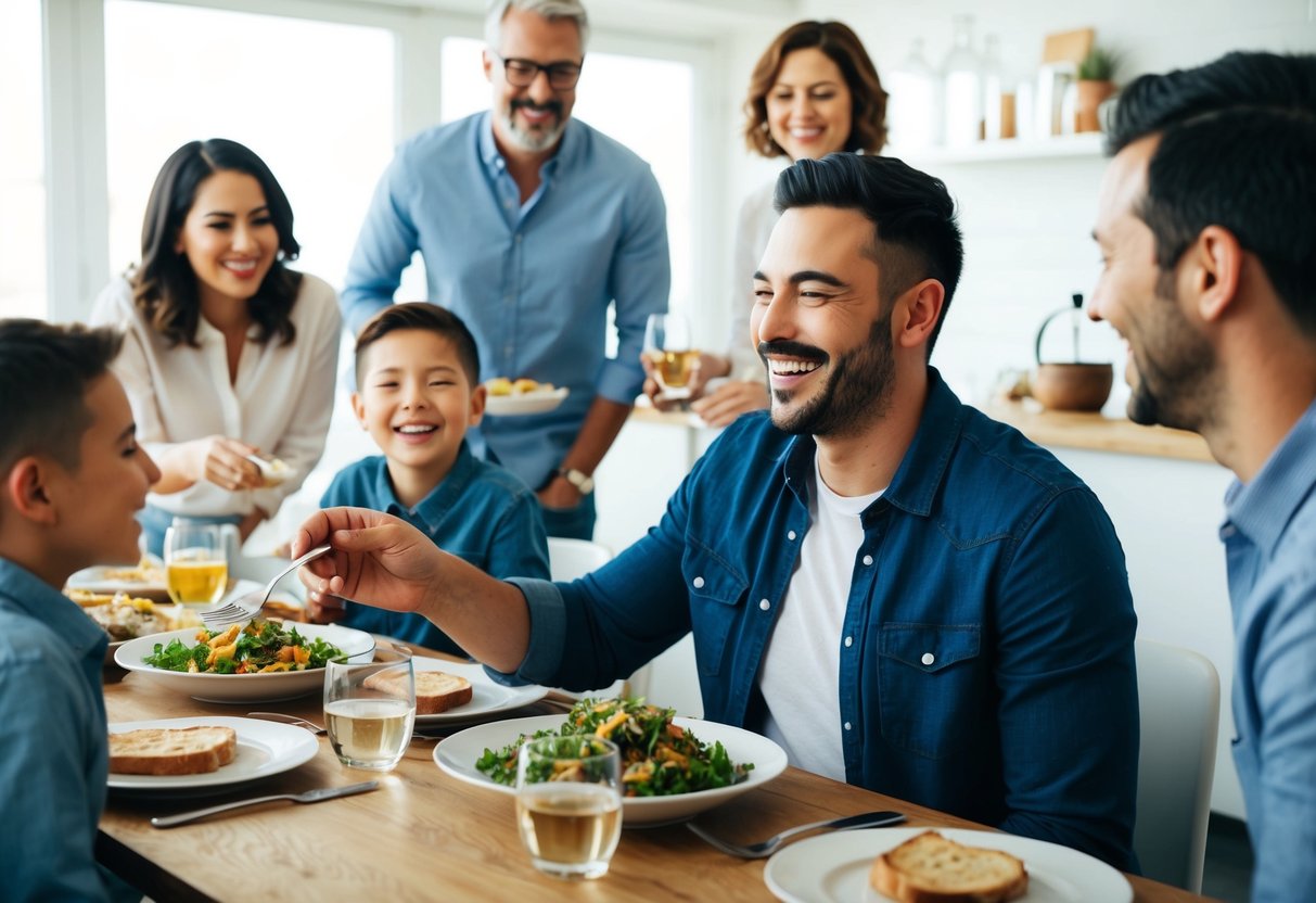 A couple sitting at a table, smiling and laughing as they share a meal. Their families are nearby, chatting and enjoying each other's company