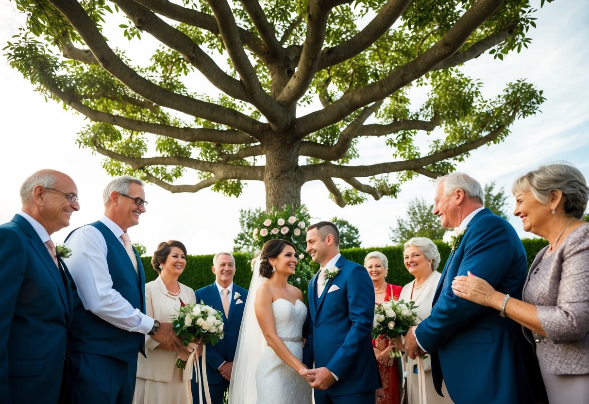 A family tree with interlocking branches, a traditional wedding ceremony, and a couple surrounded by supportive relatives