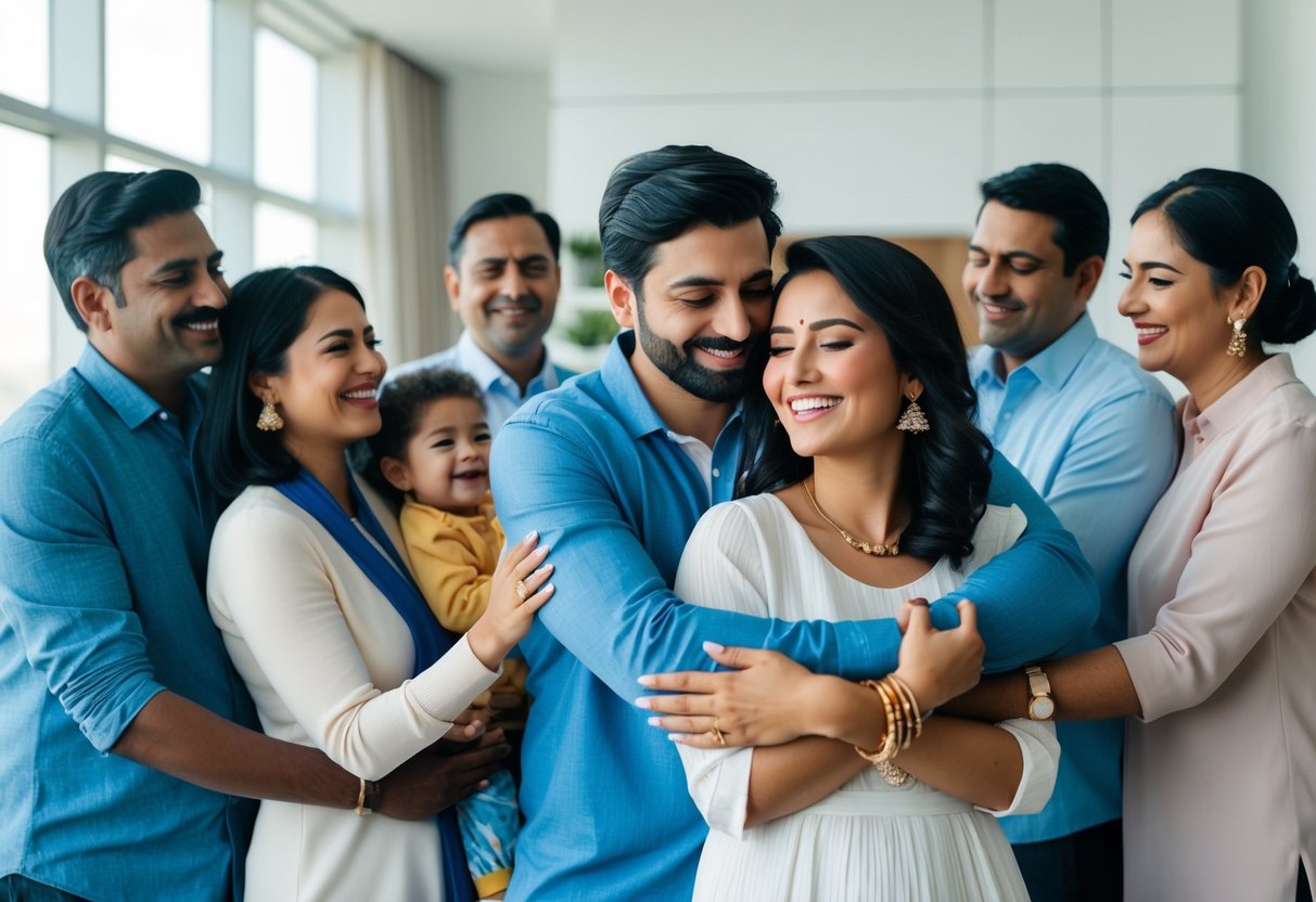 A couple happily embraces in a modern setting, surrounded by supportive family members. They are shown enjoying financial stability, emotional support, and a strong sense of community through their arranged marriage