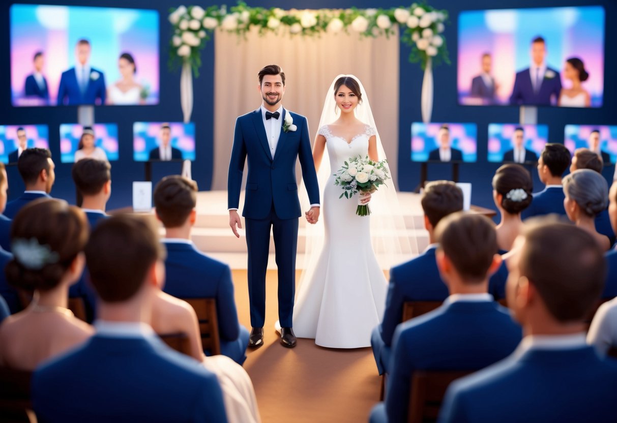 A virtual wedding ceremony with a bride and groom avatars standing in front of a digital backdrop, surrounded by virtual guests on a video call