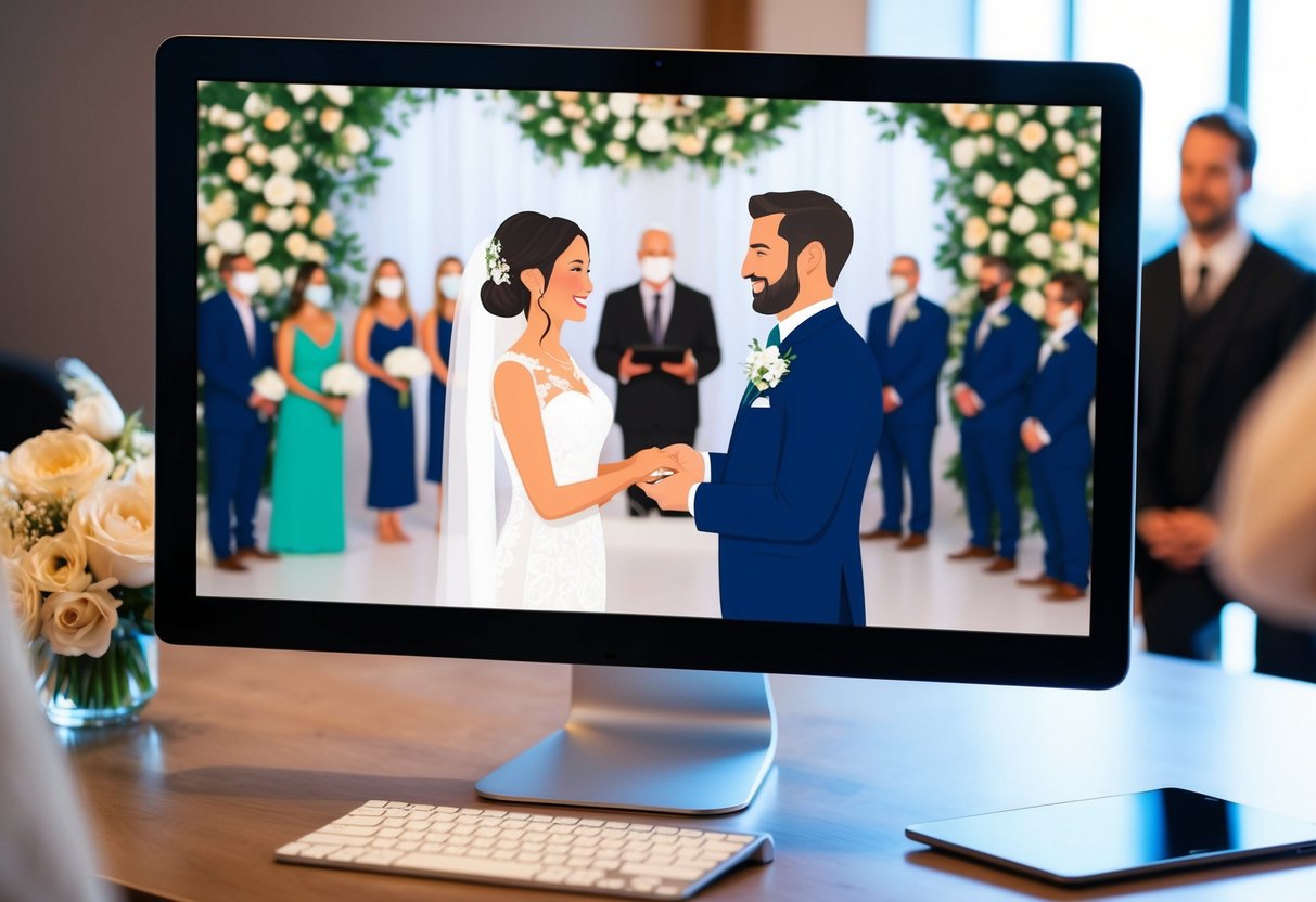 A computer screen displaying a virtual wedding ceremony with a couple exchanging vows, surrounded by digital guests and a virtual officiant