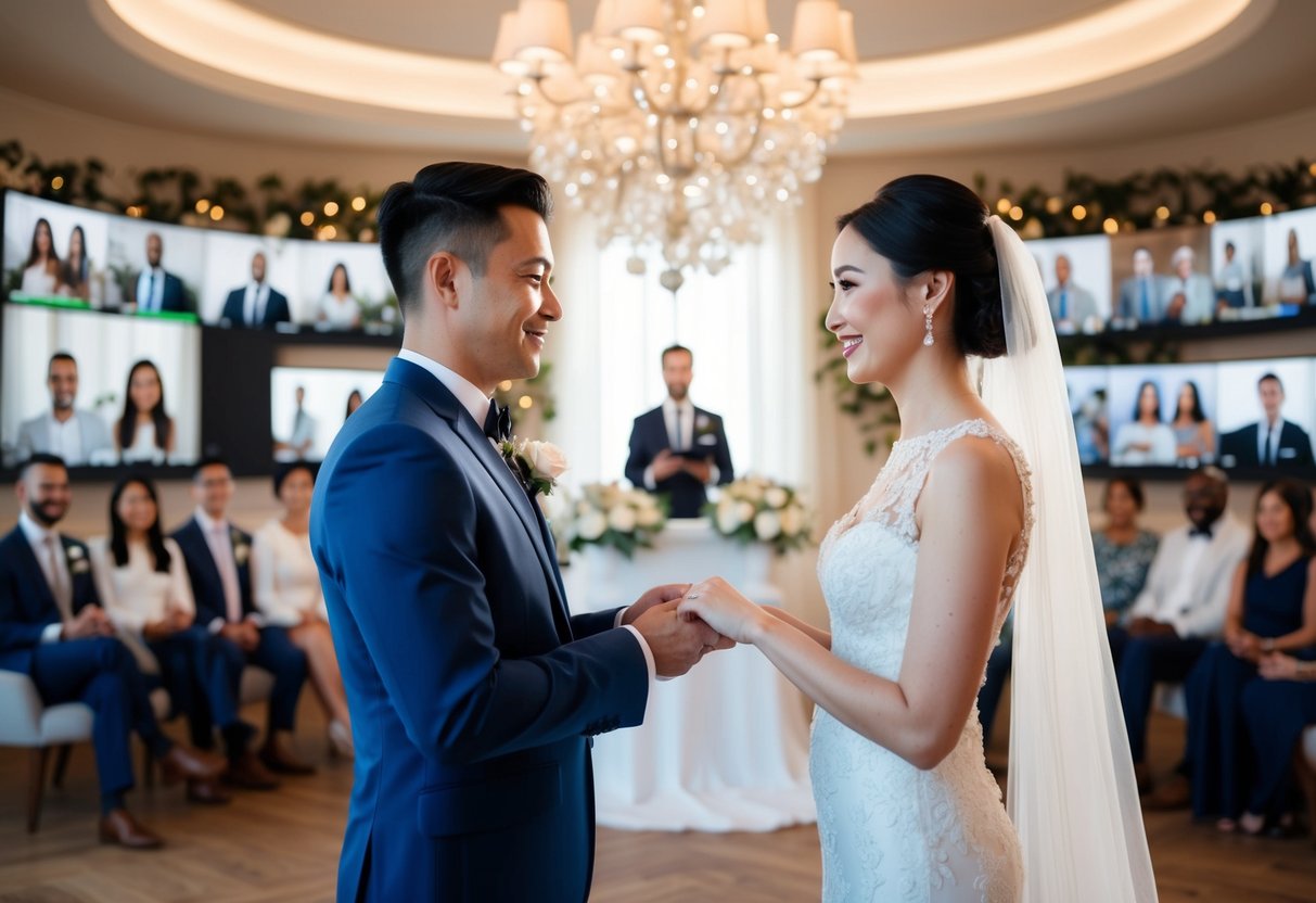 A bride and groom exchange vows via video call, surrounded by virtual guests in a beautifully decorated digital space