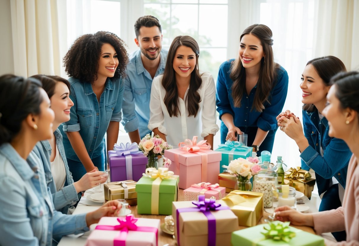 A group of friends gathers around a table filled with gifts and decorations, smiling and chatting in anticipation of the upcoming wedding shower