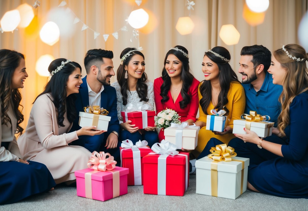 A group of friends gathering to celebrate a wedding, with gifts and decorations arranged for the bride-to-be