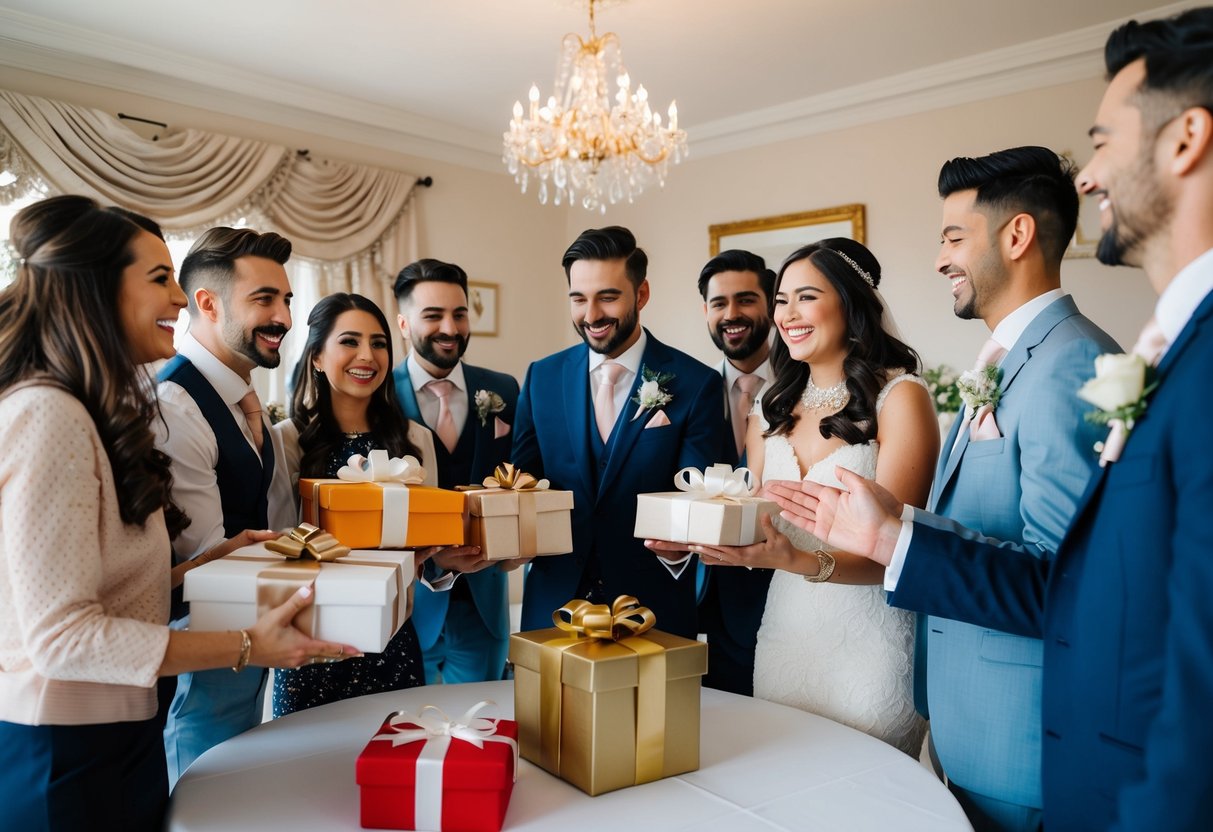 A group of friends gather in a beautifully decorated room, presenting gifts and sharing laughter to celebrate the upcoming wedding