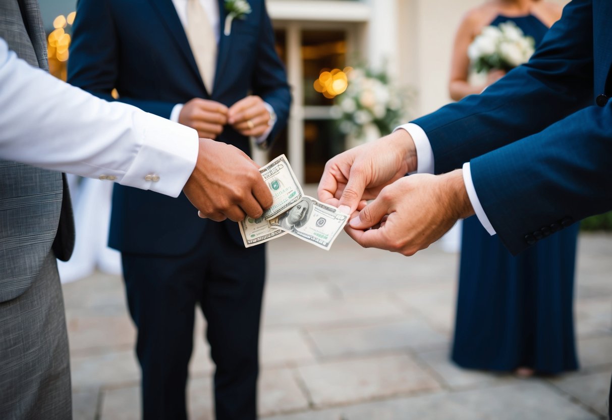 A couple's hands exchanging money with a photographer in front of a wedding venue
