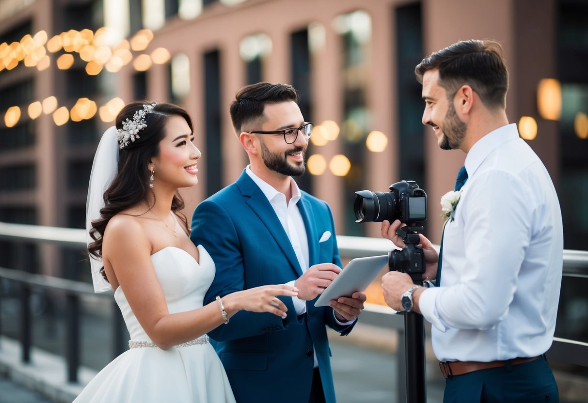 A couple and a photographer discussing wedding photo packages