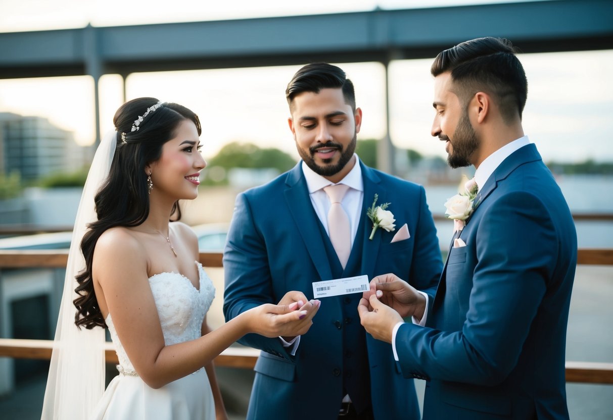 A couple and a photographer discussing and exchanging payment for wedding photography services