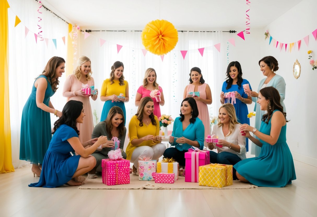 A group of women gather in a bright, airy room, decorating with flowers and streamers. They arrange gifts and games for a bridal shower celebrating a bride who has been married before