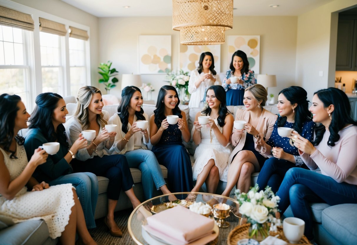 A group of women gather in a cozy living room, sipping tea and chatting happily as they celebrate the bride-to-be at her bridal shower