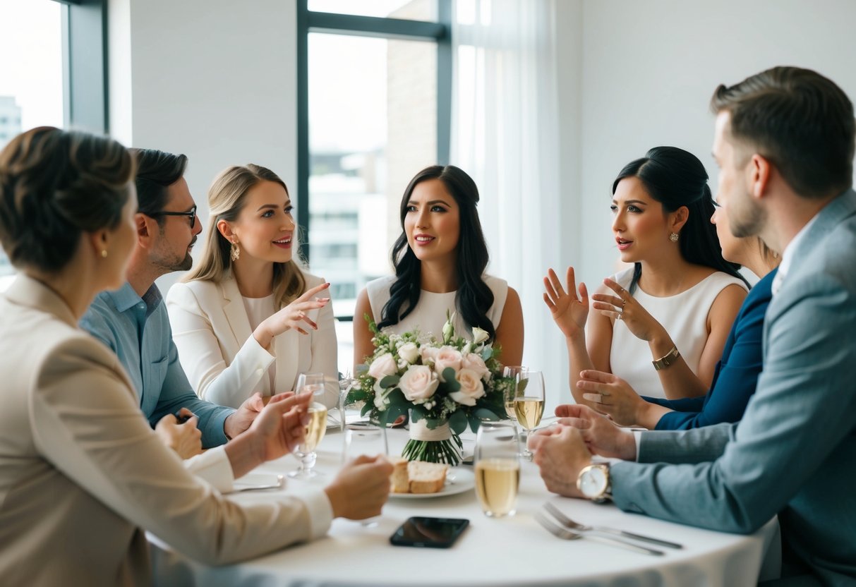 A group of people gathered around a table, discussing and debating whether a bridal shower should be held for a bride who has been married before