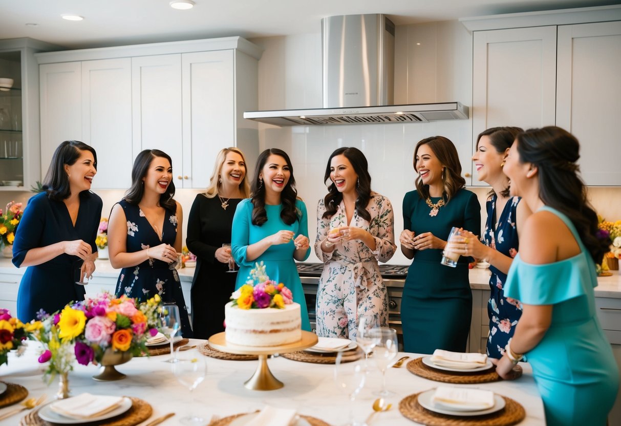 A group of women gather in a stylish, modern kitchen, laughing and chatting as they decorate the space for a bridal shower. The room is filled with colorful flowers, elegant place settings, and a beautiful cake