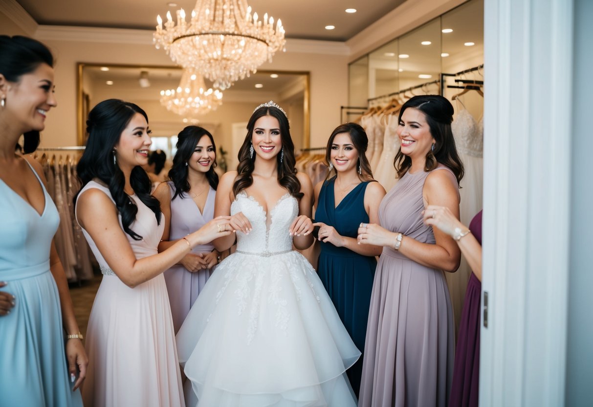 A bride surrounded by supportive friends, trying on elegant wedding dresses in a luxurious bridal boutique