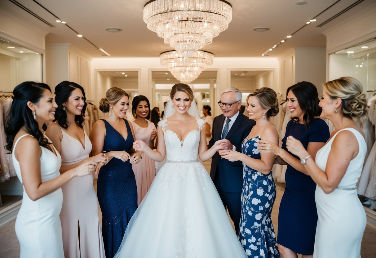 A bride surrounded by supportive friends and family, trying on elegant wedding dresses in a luxurious and spacious bridal boutique