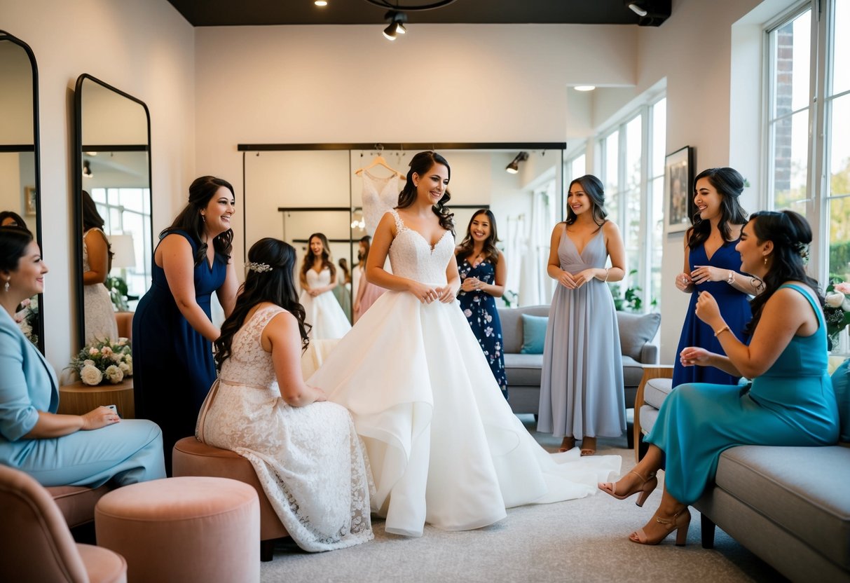 A bride surrounded by supportive friends, trying on dresses in a cozy, well-lit boutique with large mirrors and comfortable seating