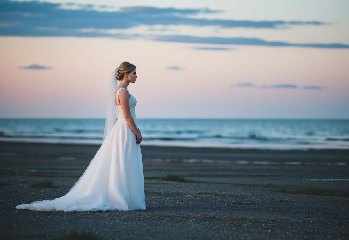 The picture bride stands alone on a desolate shore, staring out at the horizon with a mix of hope and resignation in her eyes
