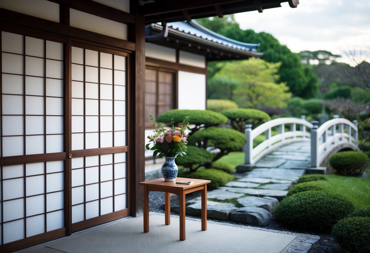 A traditional Japanese home with a paper screen door, a small wooden table, and a vase of flowers. Outside, a serene garden with a stone pathway and a delicate bridge