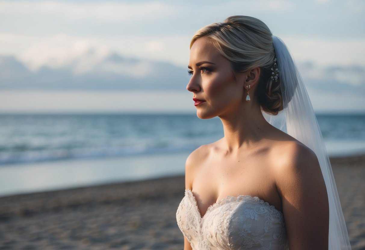 The picture bride stands alone on a desolate beach, gazing out at the horizon with a mix of determination and sadness in her eyes