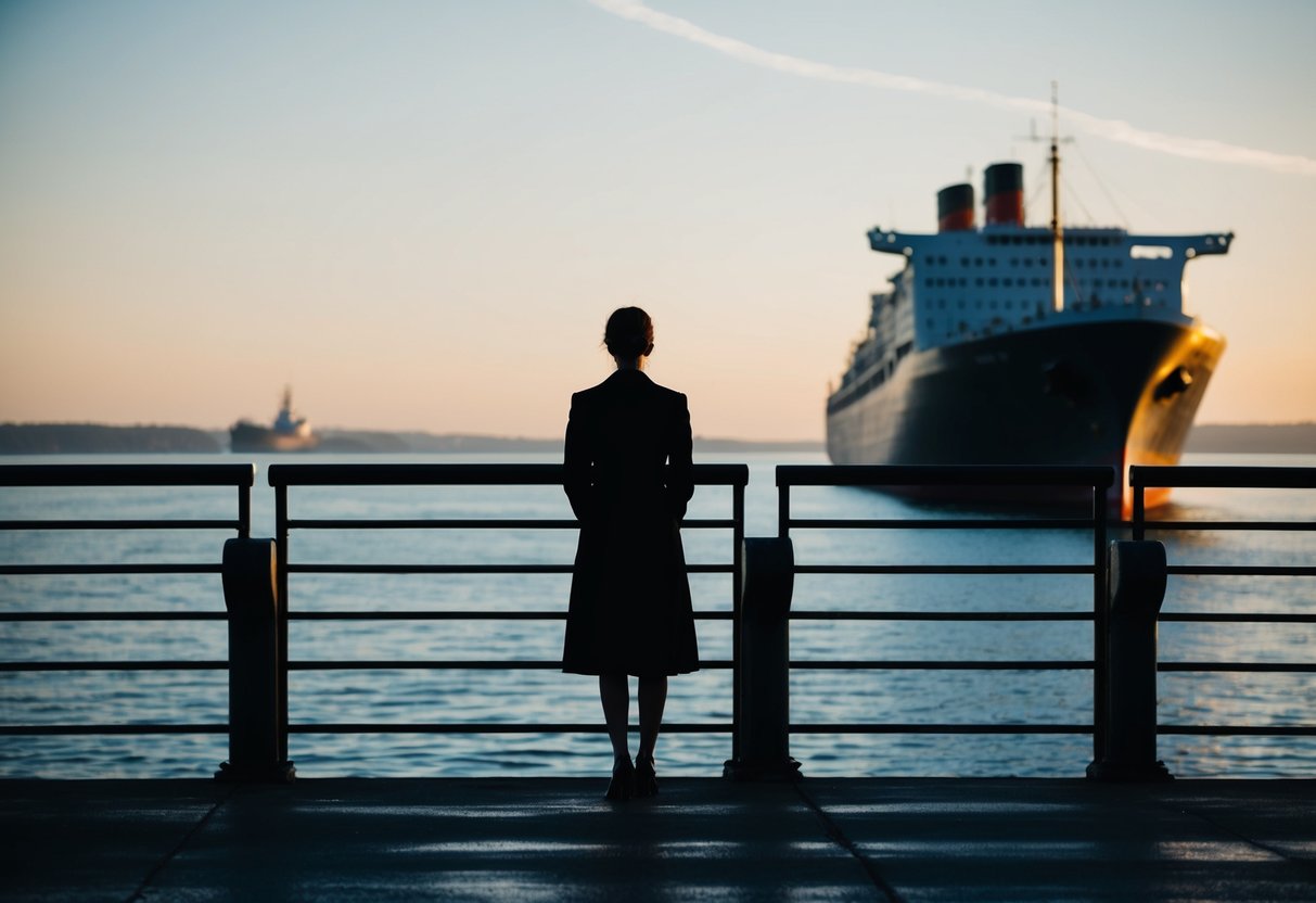A lone silhouette stands on a dock, facing the horizon, as a ship fades into the distance, symbolizing the uncertain fate of the picture bride