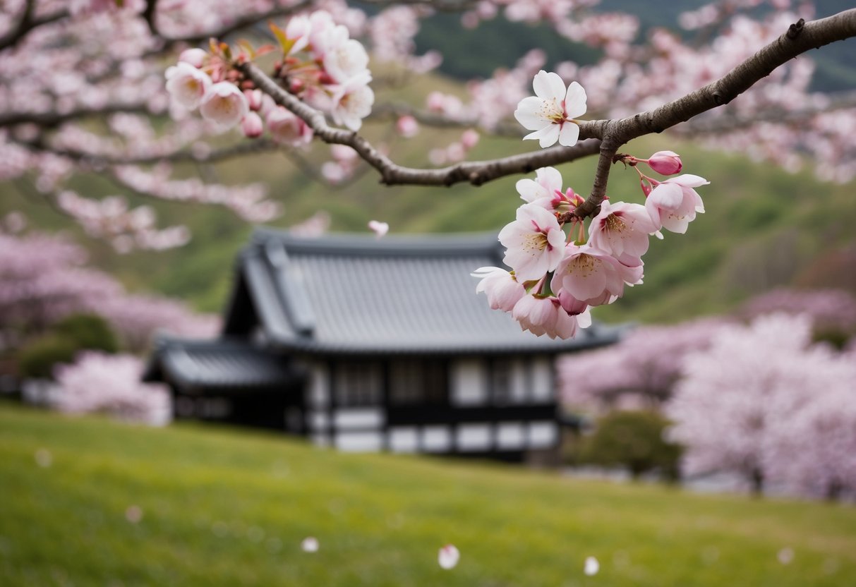 A lone sakura tree stands in the foreground, its delicate pink blossoms falling gently to the ground. In the background, a traditional Japanese home sits nestled among the rolling hills